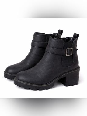 Black Chunky Heel Ankle Boots Size 10 Womens Moto Buckle Chelsea Lug Sole Trendy